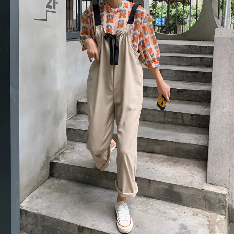 2019 летняя рубашка с коротким рукавом и цветочным рисунком + Свободный комбинезон