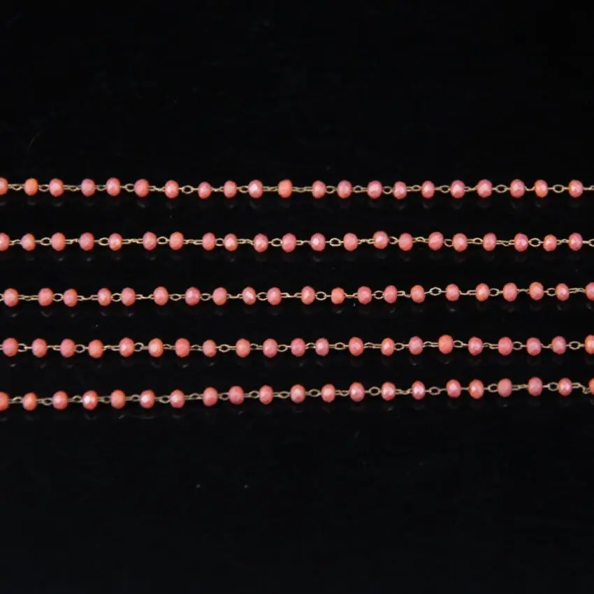 

2x3mm Pink Red Matte Glass Rosary Chain,Faceted Rondelle beaded Link Brass Wire Wrapped Chain,DIY Necklace Bracelet Jewelry