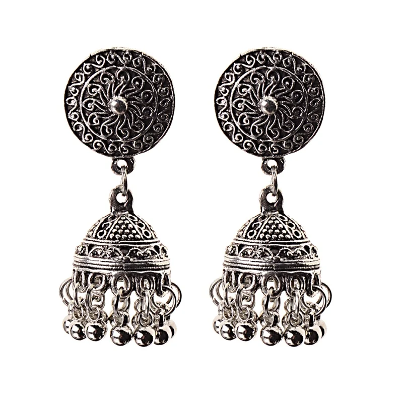 HXE060-3 TopHanqi индийские цыганские украшения Jhumka, серебряные, Boho, винтажные Этнические женские серьги, полые Висячие серьги для женщин - Окраска металла: HXE060-3