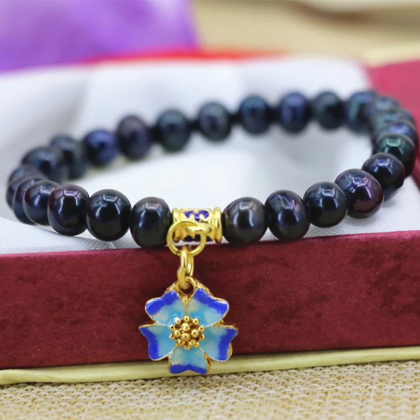 Амулеты натуральные 7-8 мм черные жемчужные бусины браслет и для женщин золотой