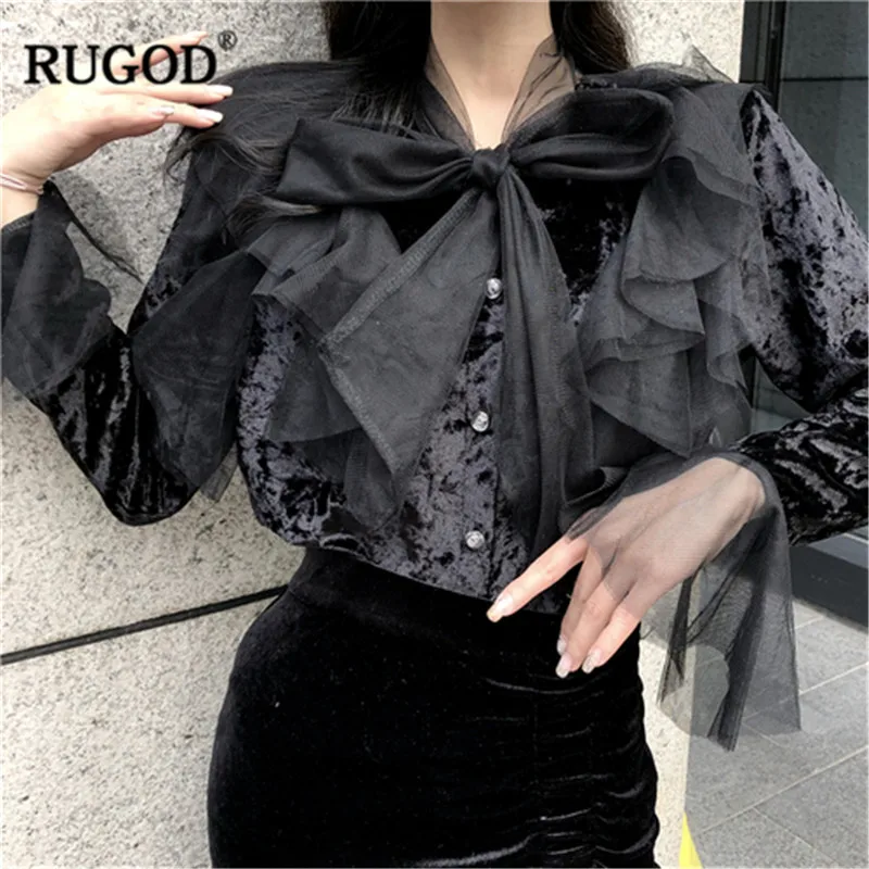 Женские велюровые рубашки RUGOD винтажные однотонные Топы с бантом элегантные