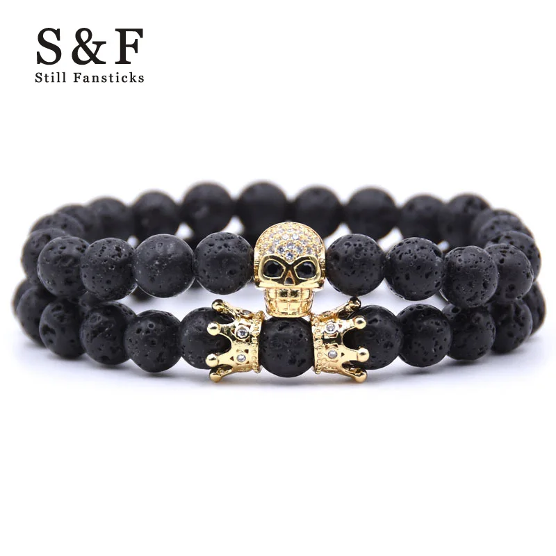 

SkulL Crown Couple Bracelet Beads Bracelets For Women Jewelry Men Pulseira Masculina Feminina 2018 Mens Erkek Bileklik Friends