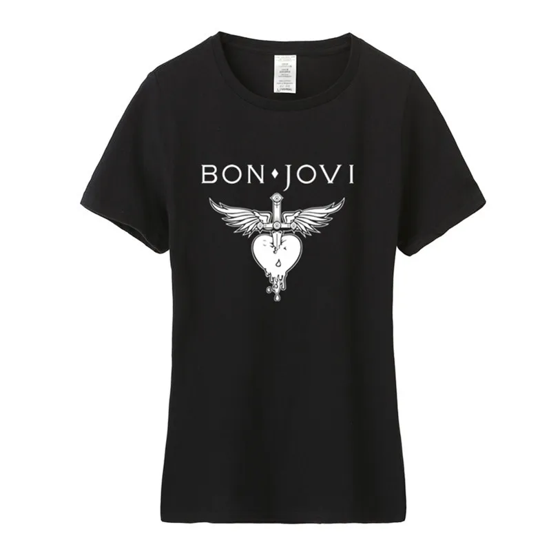 Летние модные женские туфли Bon Jovi футболка Изделие из хлопка с короткими рукавами