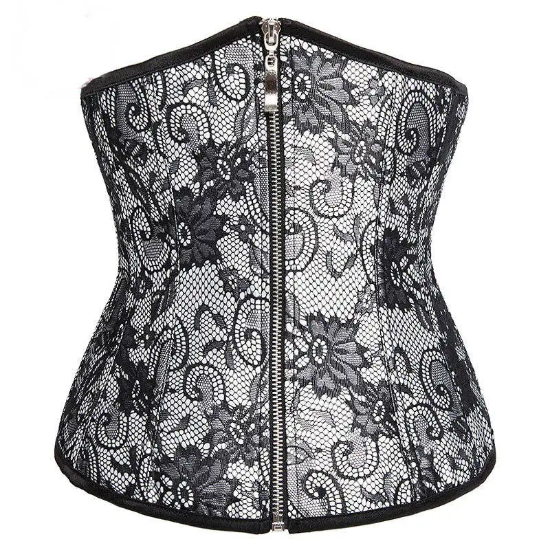 Белый сатин и черным кружевом с цветочным узором утягивающий корсет на молнии