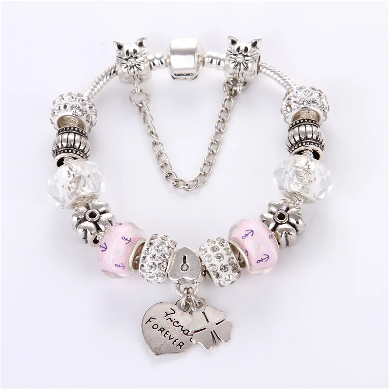 Посеребренные белые кристаллические шарики подвеска в виде сердца и клевера