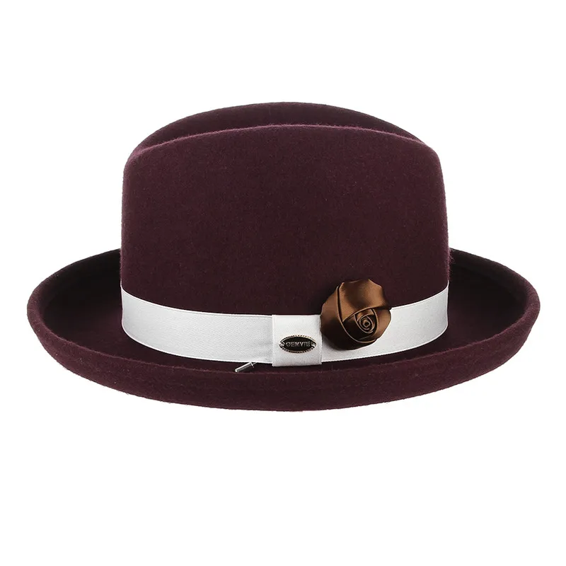 Классическая homberg Шляпа Fedora для мужчин женщин Винтаж сплошной цвет изогнутый край шерсть фетровая шляпа с лентой ручной работы цветочный