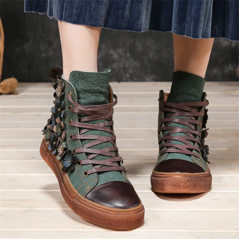 

Women's Boots Retro High Shoes Leather Skate Board Shoes autumn Winter New Comfortable Round Head ladies Art casual flat boots
