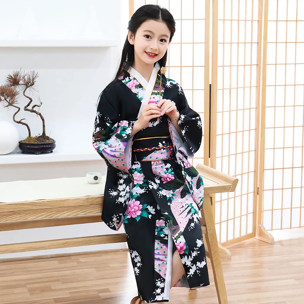 

Young Girl Japanese Traditional Kimono Blue Novelty Print Children Cosplay Dress Baby Girl Dance Dress Costumes Yukata S M L