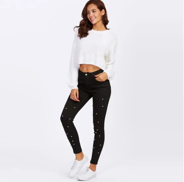 

Women Jeans Pants Skinny Pearl Beaded Front Jeans Summer Spring Mid Waist Zipper Fly Long Denim Casual Pants