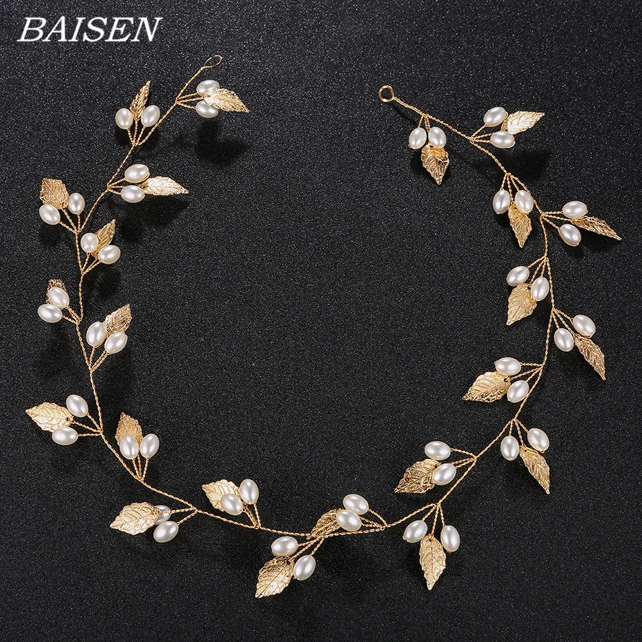 Повязка на голову с жемчугом и золотыми листьями свадебные аксессуары для волос
