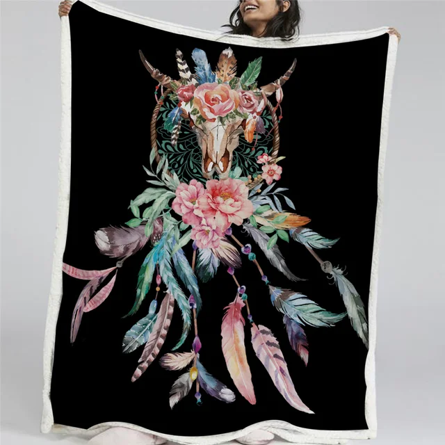 BlessLiving Cow Skull Throw Blanket Dreamcatcher Feathers Roses Soft Fleece Thin Quilt Decorative Sherpa Bed Blanket 150x200cm 2