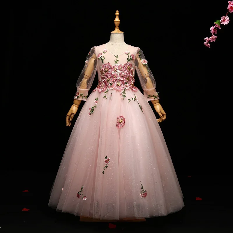 Caustom/Розовое Кружевное праздничное платье с длинными рукавами и цветочным