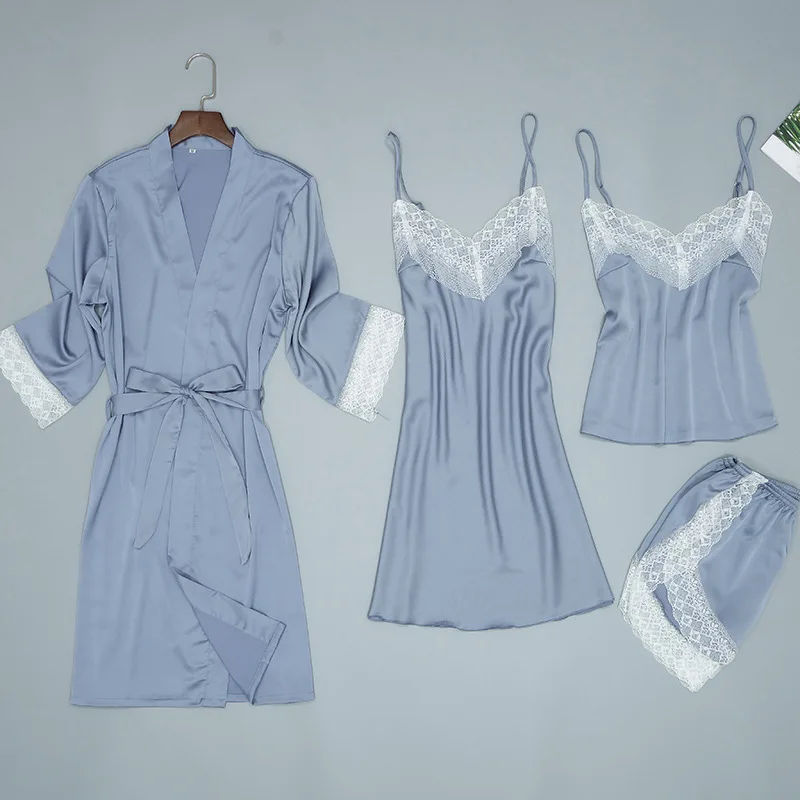 

Lady Home Wear Pajamas 4PC Strap Top Pants Suit Sleepwear Sets Woman Nightgown Sexy Kimono Sleep Robe Bath Gown Nightdress