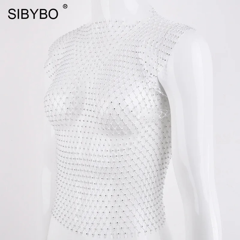 Женский укороченный топ в сеточку Sibybo, открытая майка без рукавов, пляжная футболка с бриллиантами, короткая камисоль для ночного клуба и вечеринок летом