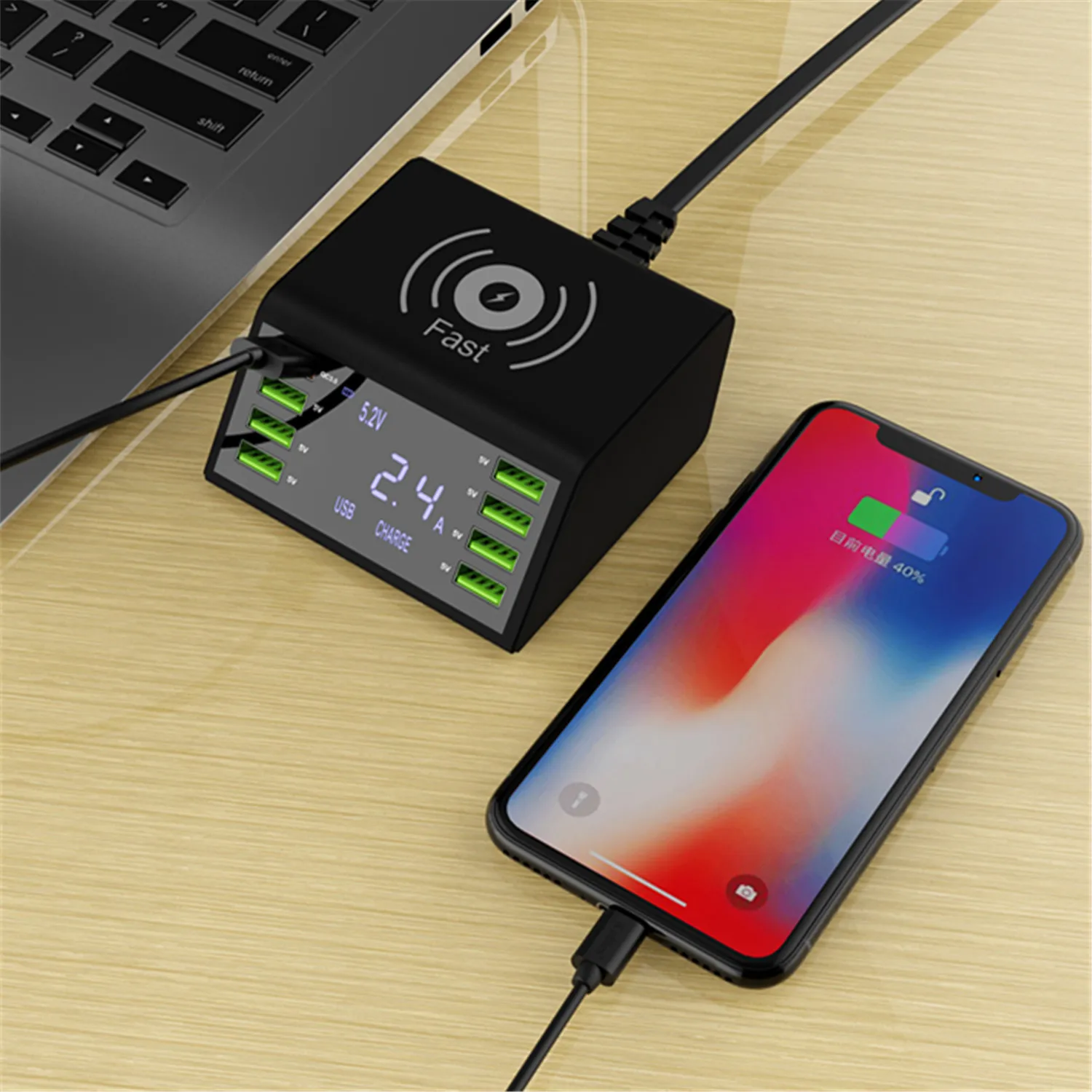 Беспроводное зарядное устройство QC 3,0, быстрая зарядка, мульти USB порт, умное быстрое зарядное устройство, светодиодный дисплей, адаптер питания, настольная розетка, 8 портов, ЕС, США, Великобритания