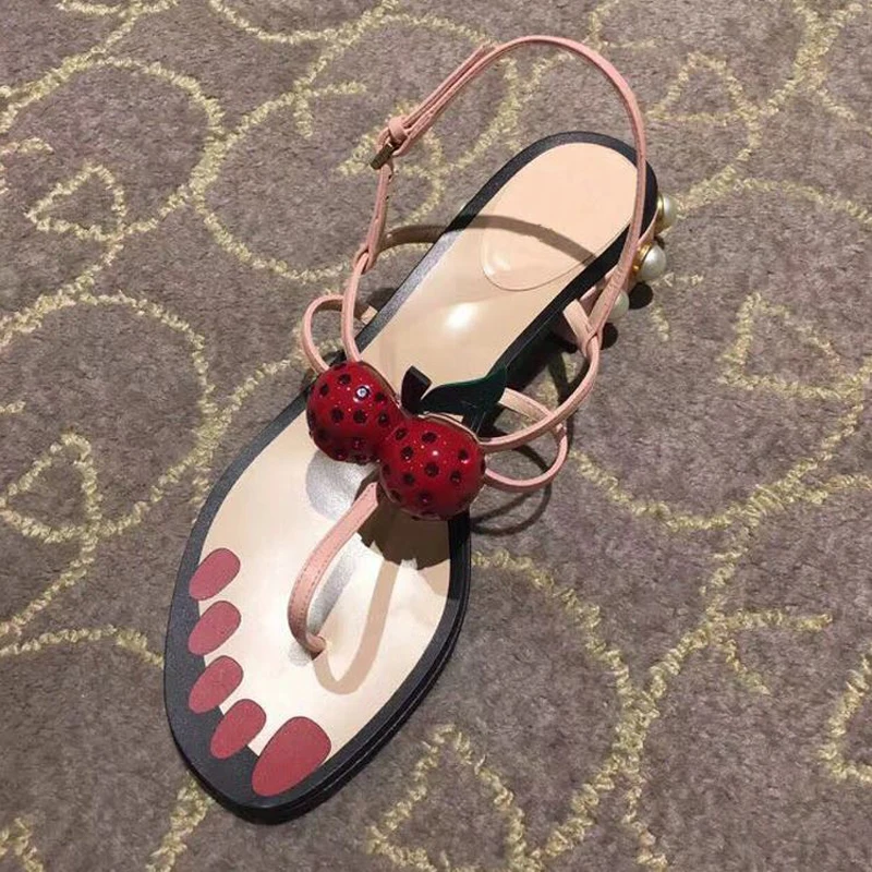 

BONJEAN Woman Sexy Sandal Fashion Cherry Decorations Ankle Strap Shoes Summer Pink Leather Pearls Beaded Flat Shoes Thong Sandal