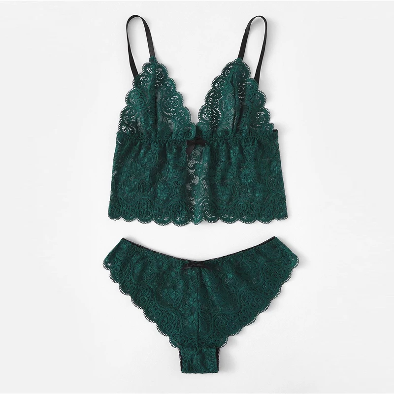 SHEIN Комплект Белья С Фестончатым Краем И Атласные Шорты Женский Сексуальный Комплект Пижамы из 3 предметов