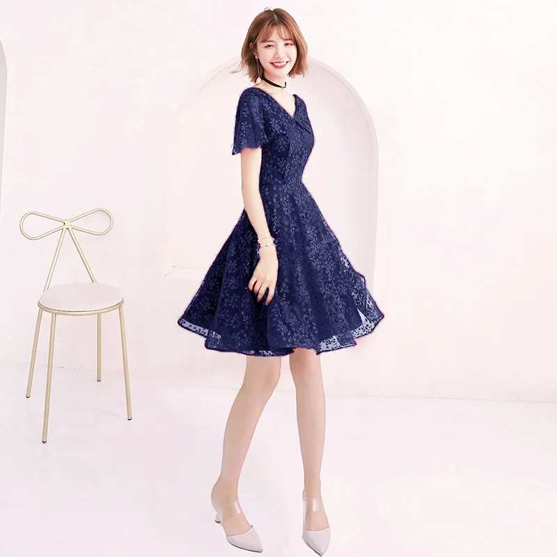 blue short Это YiiYa коктейльные платья, элегантные кружевные вечерние платья с цветочным рисунком, v-образный вырез, короткие рукава, а-силуэт, молния сзади, вечерние платья E371 - Цвет: blue short