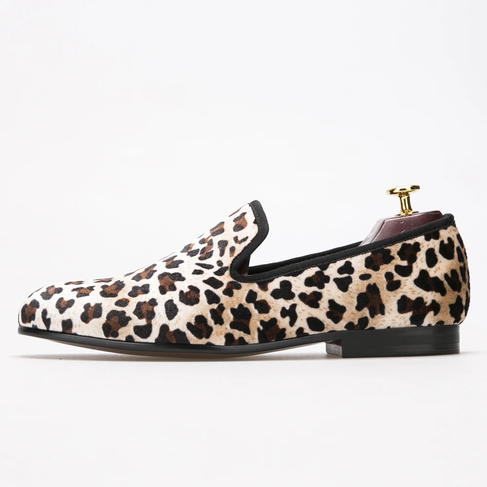 Мужские туфли с леопардовым принтом синие хлопковые на плоской подошве лоферы