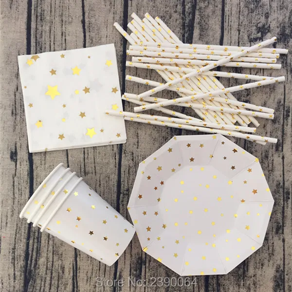Бесплатная доставка 16 комплектов Золотая фольга звезда одноразовая посуда