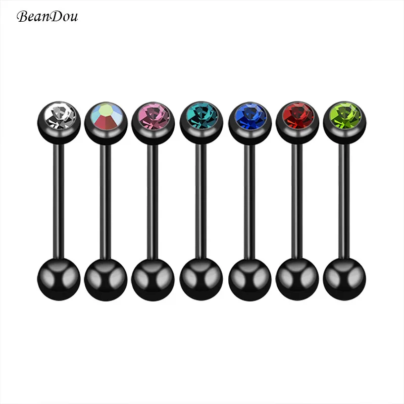 Fashion Black Tongue Rings Barbell Piercing Bar Stainless Steel Czech Crystal 7 Colors 1.4mmx16mm Body Jewelry Men | Украшения и