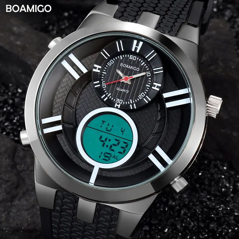 Мужские спортивные часы BOAMIGO, популярные брендовые цифровые часы, военные кварцевые часы, черные резиновые Подарочные наручные часы, мужские часы