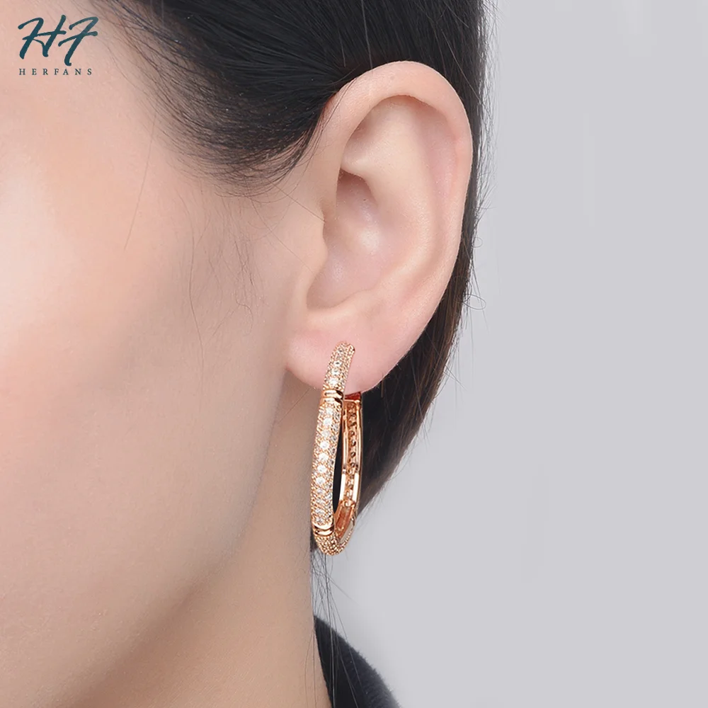 Big Hoop Earrings For Women Rose Gold Color High Quality Austrian Cubic Zirconia Inlaid Luxury Fashion jewelry HotSale E617 | Украшения и