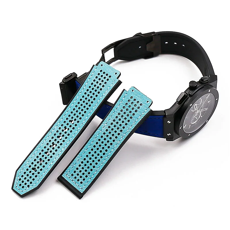 Blue leather strap sports waterproof rubber strap female 19mmx25mm watch accessories for HUBLOT big bang bracelet men watch band