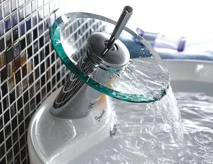 

Free shipping Glass waterfall circle basin faucet bathroom cabinet hot and cold