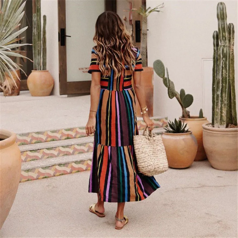 Женское богемное Платье макси с коротким рукавом летнее пляжное платье в полоску
