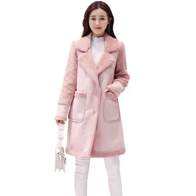 pink Зимняя Новинка размера плюс, модное женское теплое плюшевое длинное пальто с отворотом, тонкое пальто из кожи с пряжкой, толстая кожаная куртка, хлопковое пальто для женщин Ljj0242 - Цвет: pink