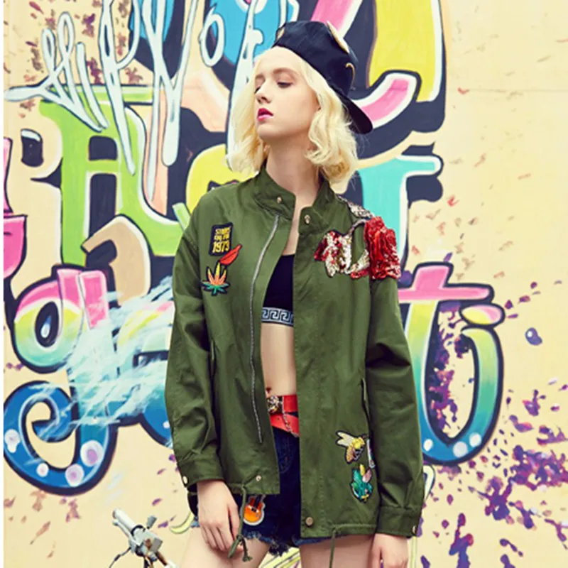 Женская Длинная ветровка с блестками длинная свободная куртка армейского