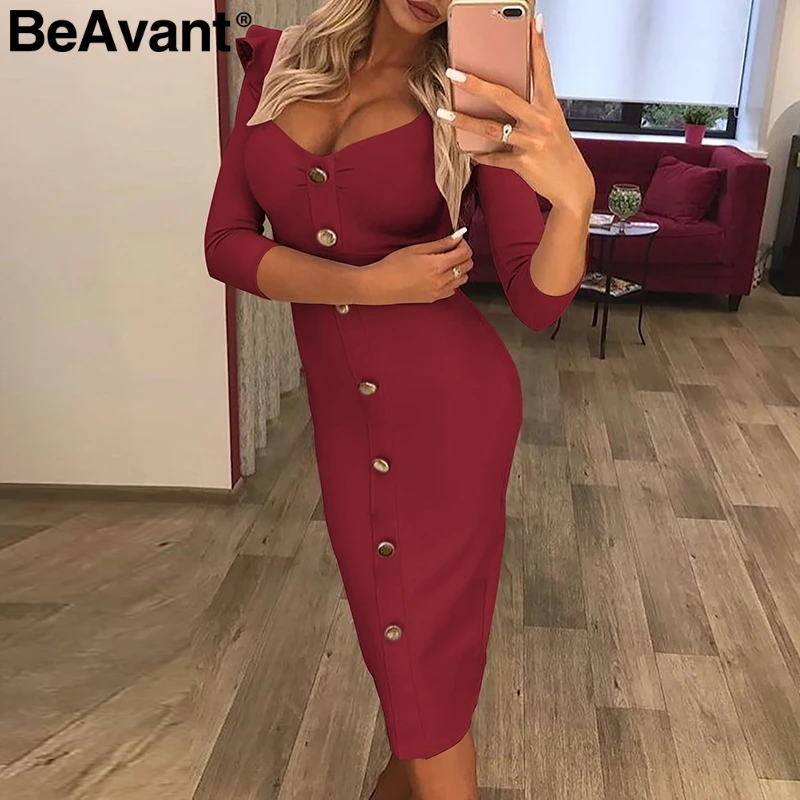 BeAvant площади шеи Сексуальная bodycon Платье Женщины Офис узкие платье с длинными