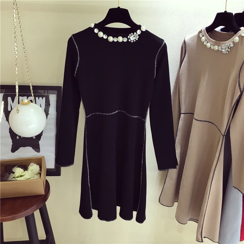 Женское трикотажное платье с длинным рукавом со стразами|dress for|dress for womenknitted dress |