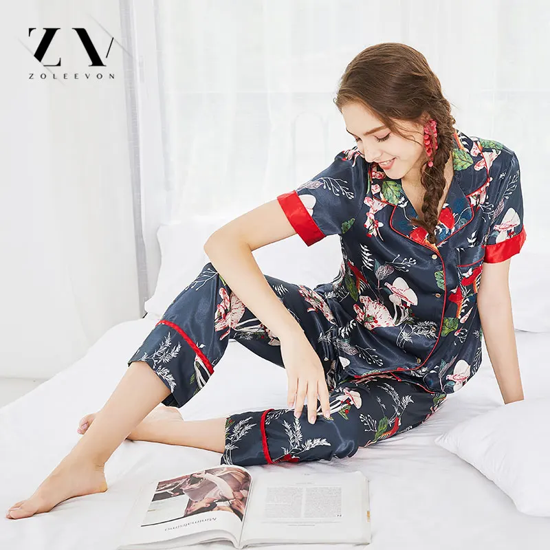 Шелковые пижамы Для женщин темно из двух частей штаны пижамный комплект лето
