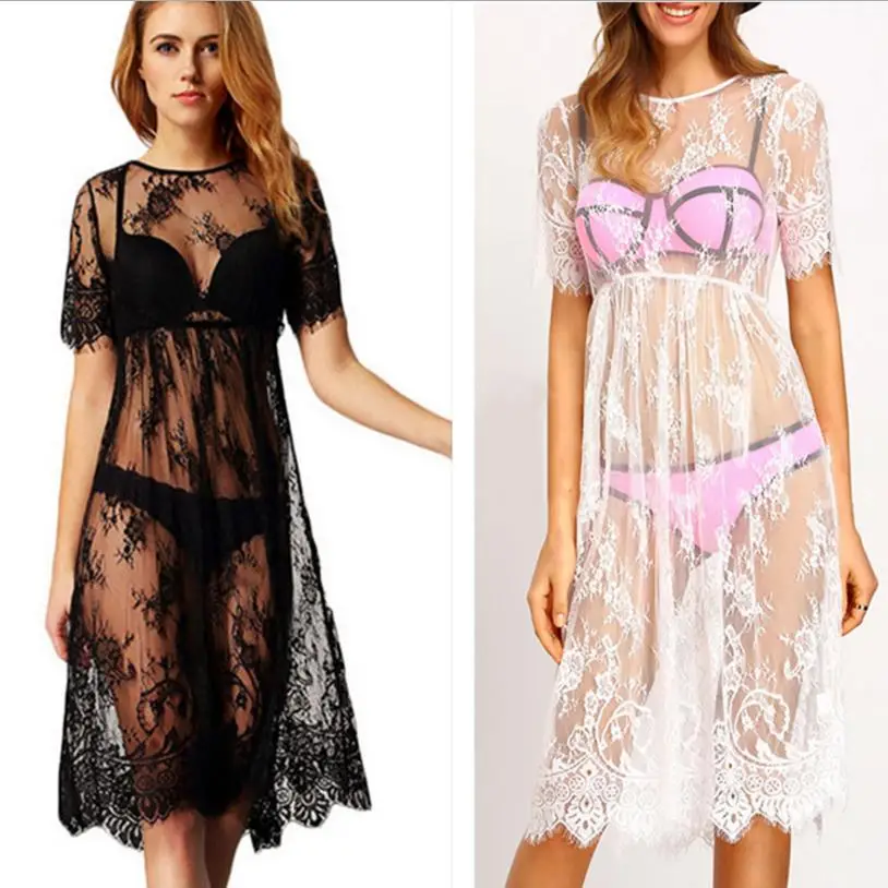 Sexy Perspective Lace Swimsuit Blouse Dress female 2018 summer fashion new lace hollow out o-neck dress L856 Wholesale | Женская одежда