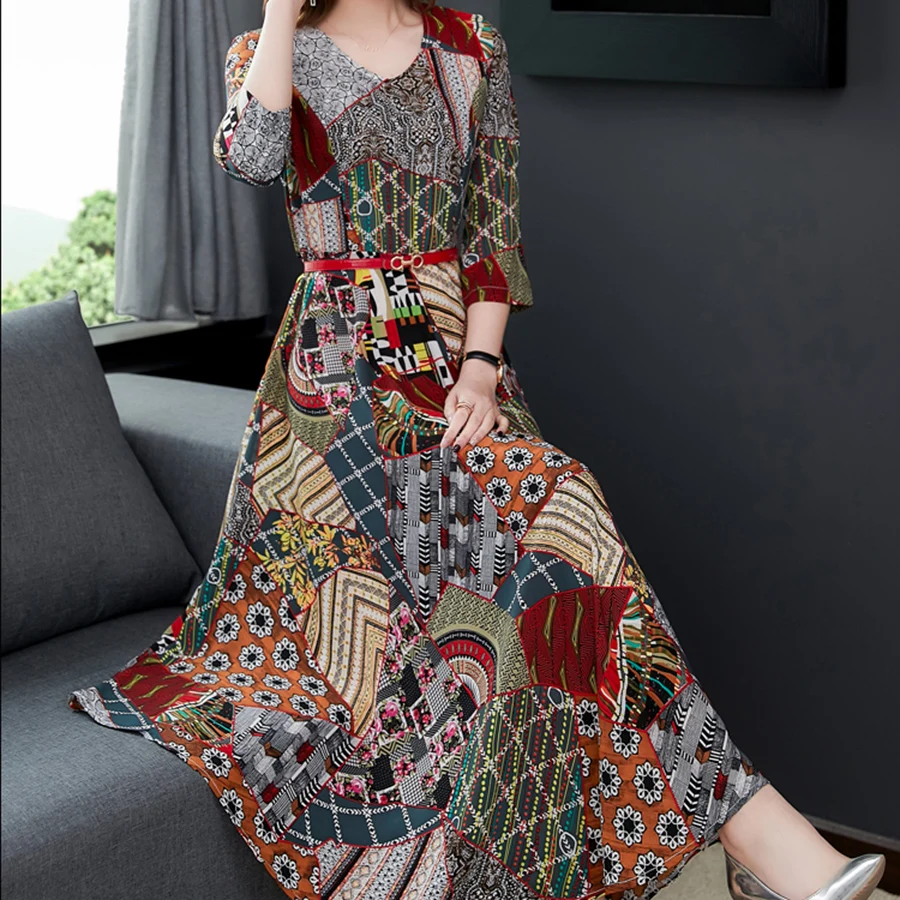 2019 Korean Summer New Beach Midi Dresses Plus Size Vintage Print Boho Maxi Sundress Women Bodycon Short Sleeve Party Vestidos | Женская