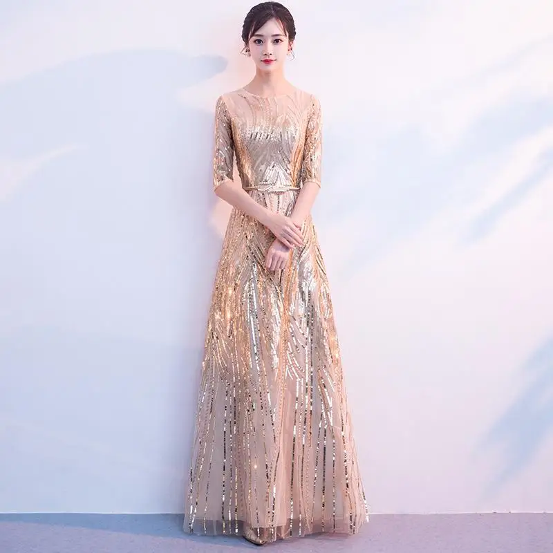 Вечерние женские платья, Длинные Cheongsam, ретро сексуальные тонкие платья, свадебное платье в китайском стиле, модные женские платья - Цвет: Gold  Long