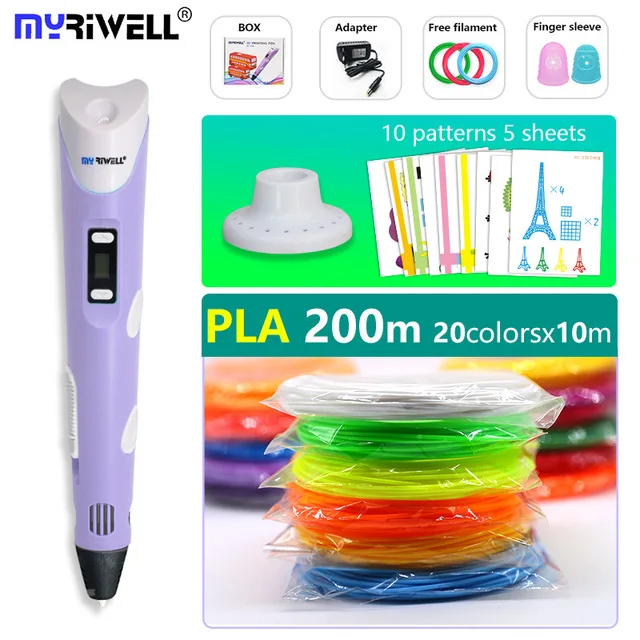 Myriwell 3d Ручка 3 d ручка включает PLA 200 м 3d принтер ручка детский инструмент для рисования волшебная ручка лучший подарок рождественские подарки - Цвет: purple and pla200m