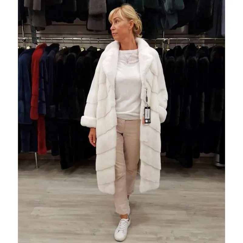 FURSARCAR 120 см длинная диагональная норковая куртка в полоску с отложным воротником