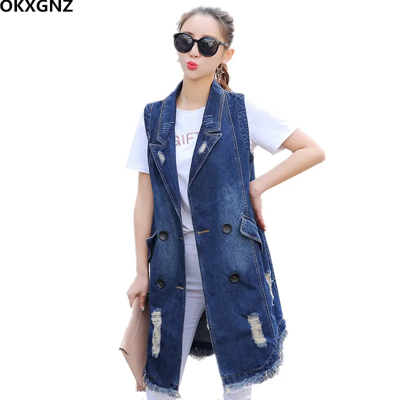 Джинсовый жилет для женщин 2017 новая мода весна осень Длинный без рукавов пальто