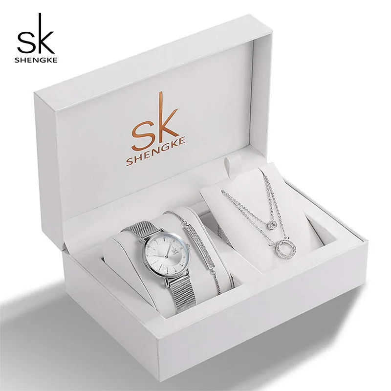 

Shengke Rose Gold Women Watches Set Luxury Crystal Design Earrings Necklace Watch Set Box Watch Xmas Gifts Jewelry Women