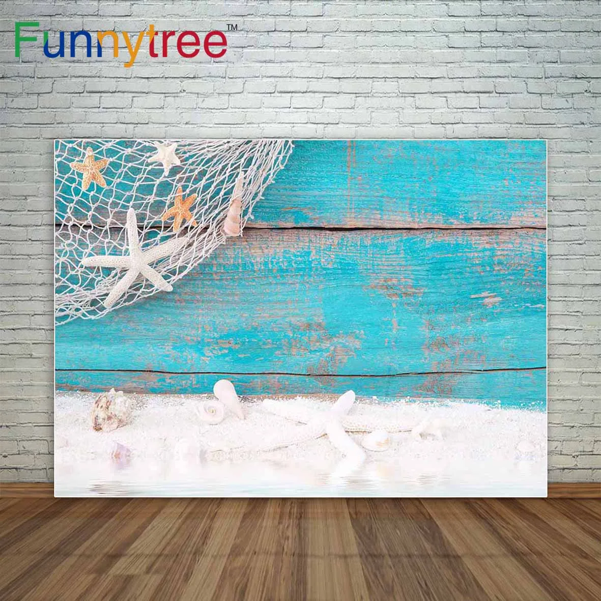 

Фон для фотографий Funnytree с морскими звездами и ракушками с рыболовной сеткой на бирюзовом дереве с песком