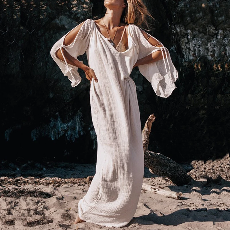 Летнее женское платье 2019 богемное Свободное длинное с v образным вырезом и бантом