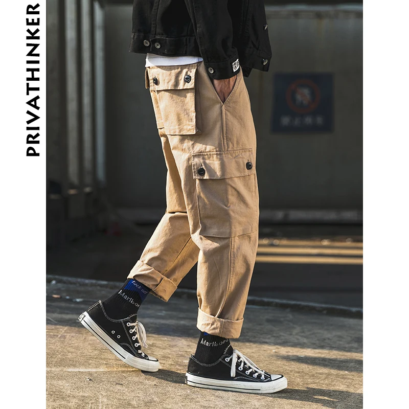 Мужские брюки карго Privathinker винтажные Японская уличная одежда прямые цвета хаки