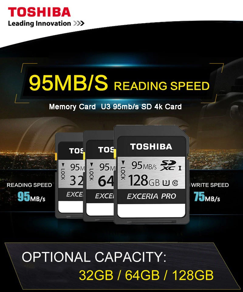 TOSHIBA SD карты EXCERIA PRO 128 Гб 64 Гб оперативной памяти, 32 Гб встроенной памяти класса 10 UHS-I U3 SDHC/SDXC карт SD слот для карт памяти 95 МБ/с. для видеокамеры