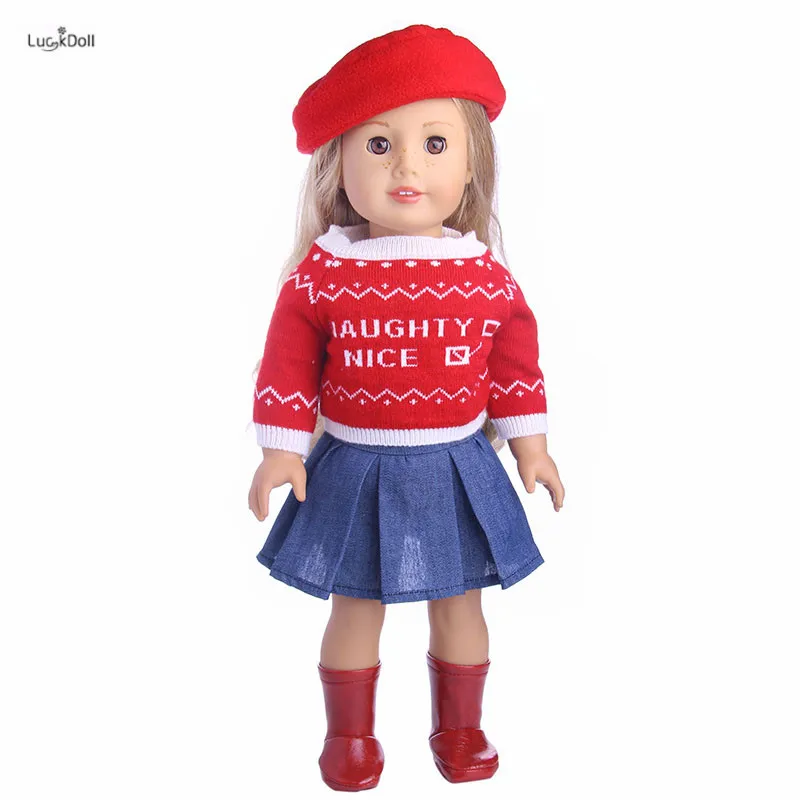 LUCKDOLL Красный Модный комплект шапка + свитер юбка сапоги для 18 дюймовые аксессуары