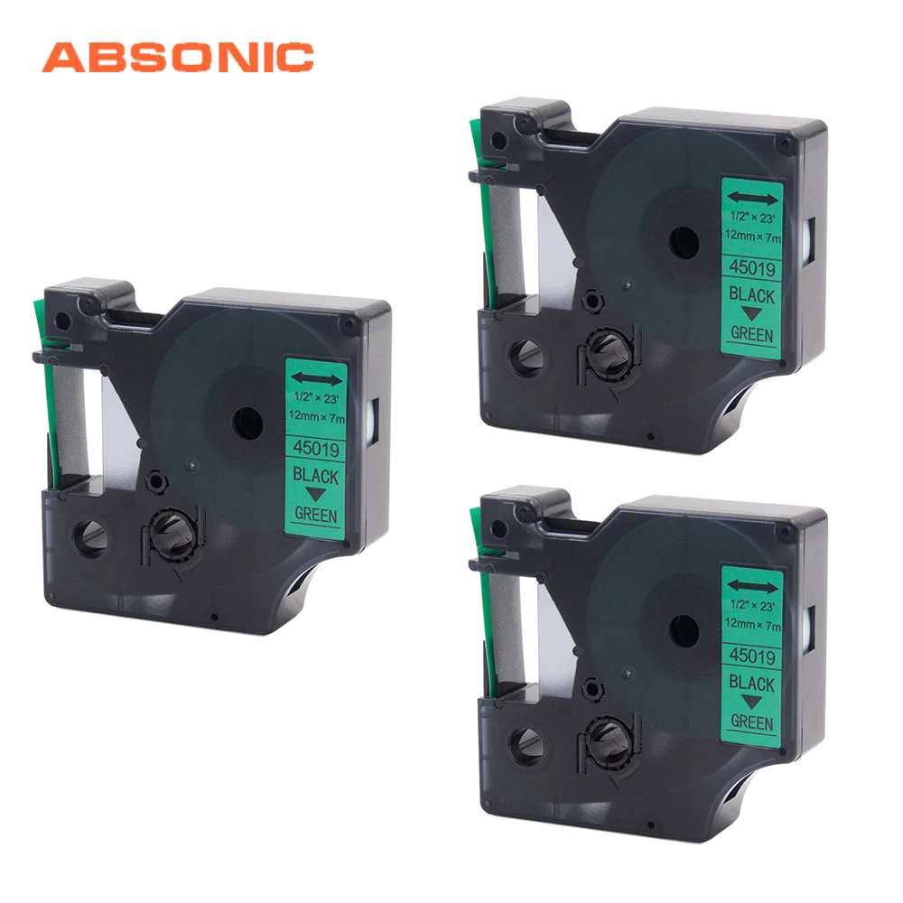 Absoonic 3 шт. 12 мм лента для заправки DYMO D1 45019 черный на зеленый совместимый с LabelManager PnP