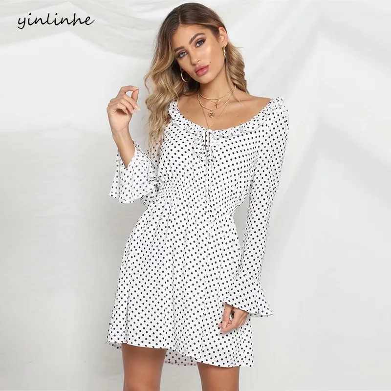 Yinlinhe/Белое платье в горошек женское с длинными расклешенными рукавами