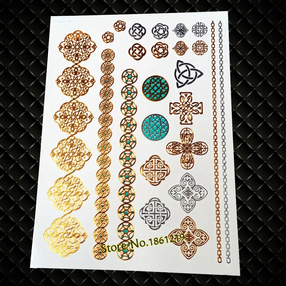 Large Fake Flash Metallic Tattoo Stickers Gold Silver GYS-56 Women Henna Flower Round Chains Diamonds Cross Design Tattoo Paper